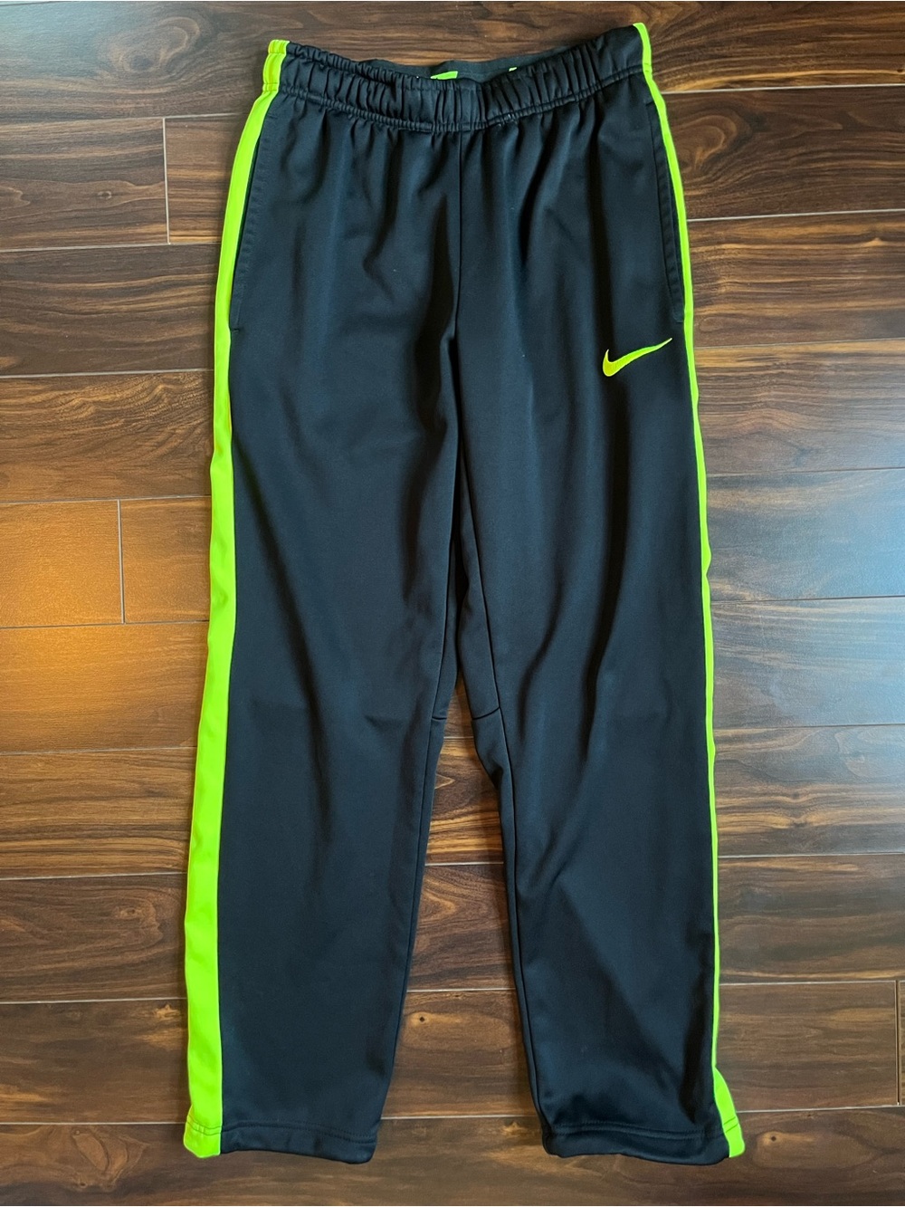 Nike Men’s Black Sweatpants with Neon Yellow Side Stripes, S